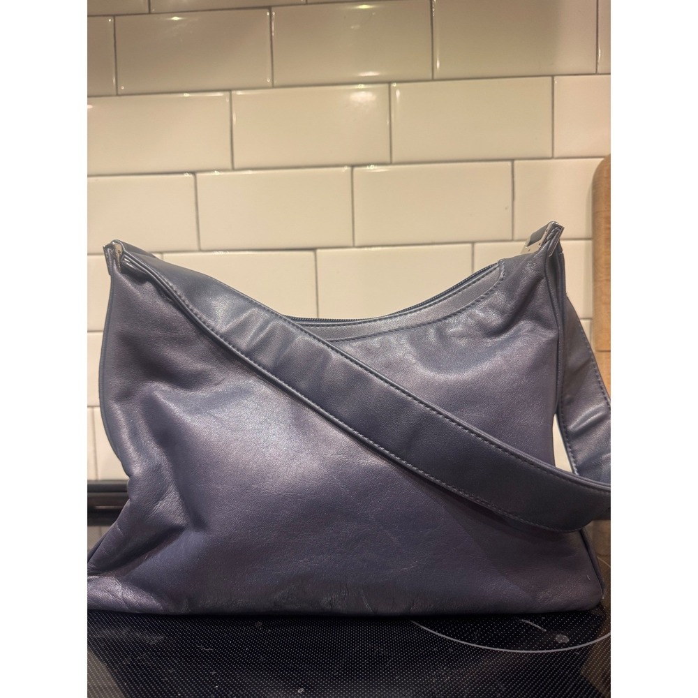 Aurielle Navy Blue Leather Shoulder Bag‎ Y2K Hobo Handbag Zip Top Pocket